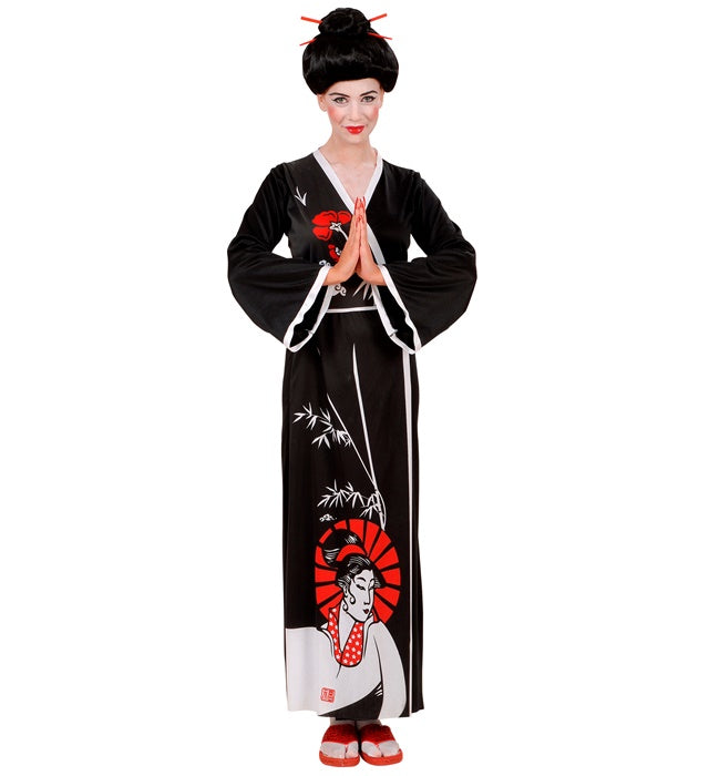 Geisha Kostüm mit Kimono, Gürtel und Haarschmuck-Stäbchen für Fasnacht