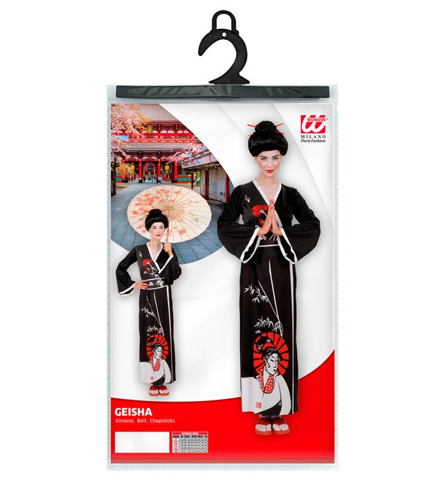 Geisha Kostüm mit Kimono, Gürtel und Haarschmuck-Stäbchen für Fasnacht