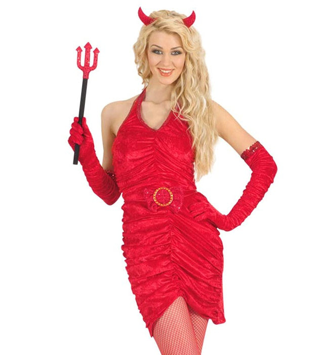 Teuflisches Damenkostüm mit rotem Kleid, Gürtel, langen Handschuhen und schwarzen Hörnern
