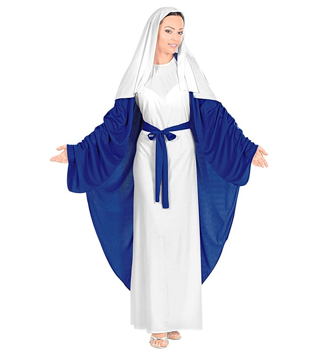 Heilige Maria Kostüm mit weißer Tunika, Umhang und Kopfbedeckung