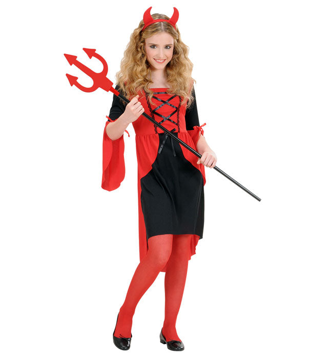 Teufelin Kostüm mit rotem Kleid und schwarzen Hörnern für Fasnacht