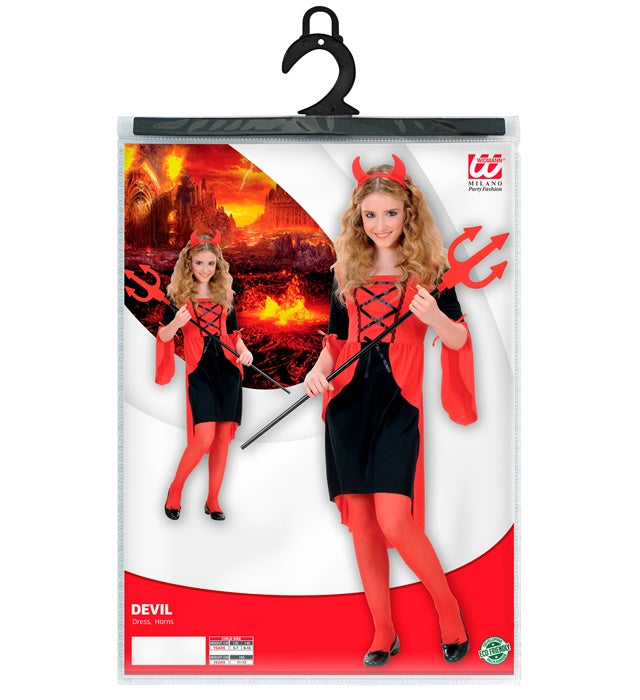Teufelin Kostüm mit rotem Kleid und schwarzen Hörnern für Fasnacht