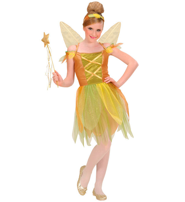 Goldene Waldfee Kostüm mit Kleid, Flügeln und Haarreif für Fasnacht