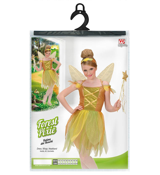 Goldene Waldfee Kostüm mit Kleid, Flügeln und Haarreif für Fasnacht