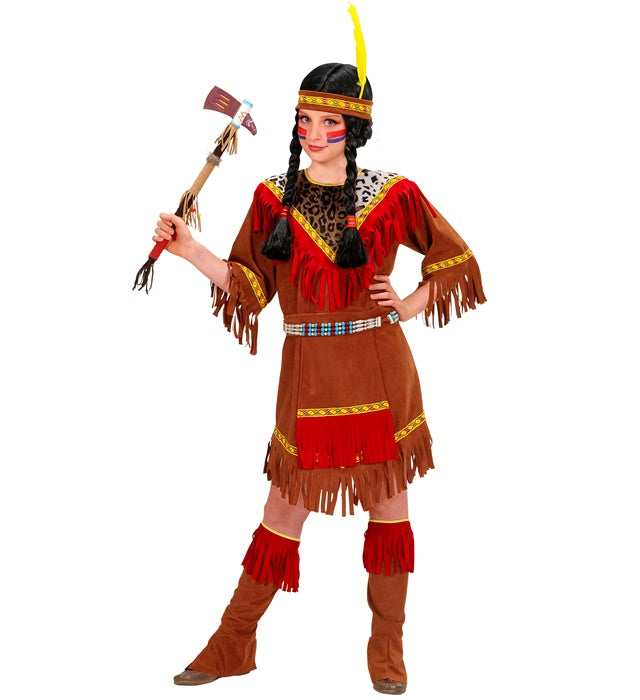 Indianerin Kostüm bestehend aus Kleid, Schürze, Überstiefeln und Feder-Stirnband für Fasnacht