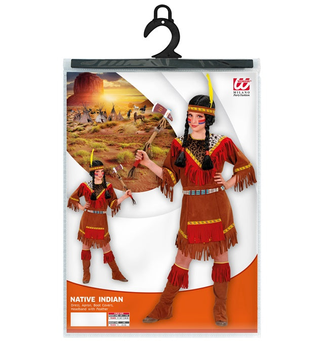 Indianerin Kostüm bestehend aus Kleid, Schürze, Überstiefeln und Feder-Stirnband für Fasnacht