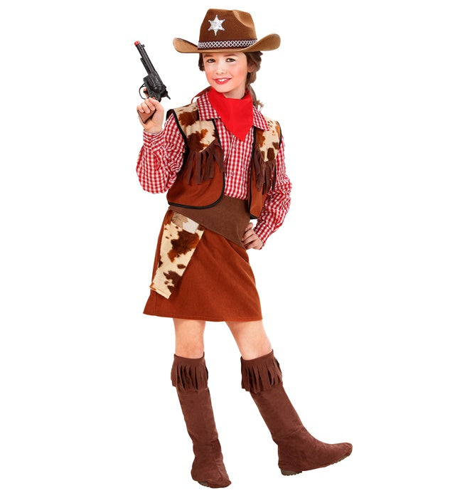 Cowgirl Kostüm Set mit Bluse, Weste, Rock, Gürtel, Überstiefeln und Halstuch