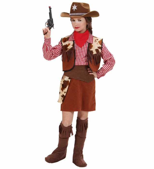 Cowgirl Kostüm Set mit Bluse, Weste, Rock, Gürtel, Überstiefeln und Halstuch