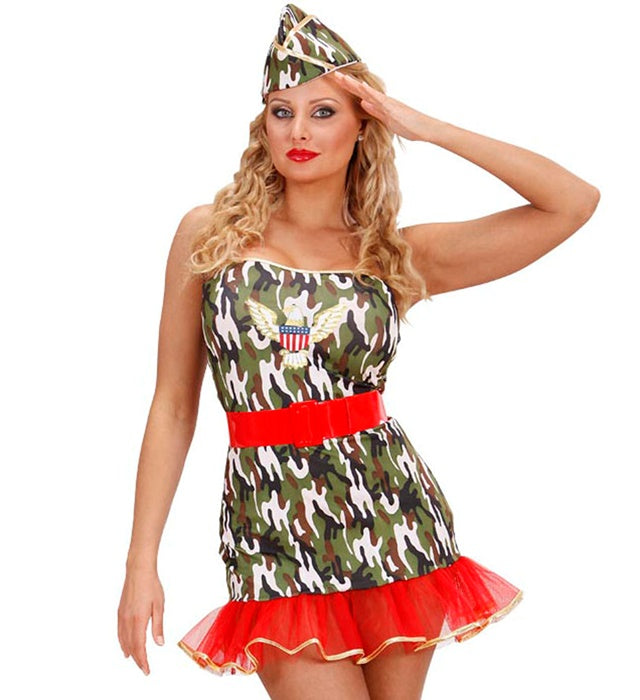 Damen Soldatin-Kostüm mit Kleid, Gürtel und Mütze für Fasnacht