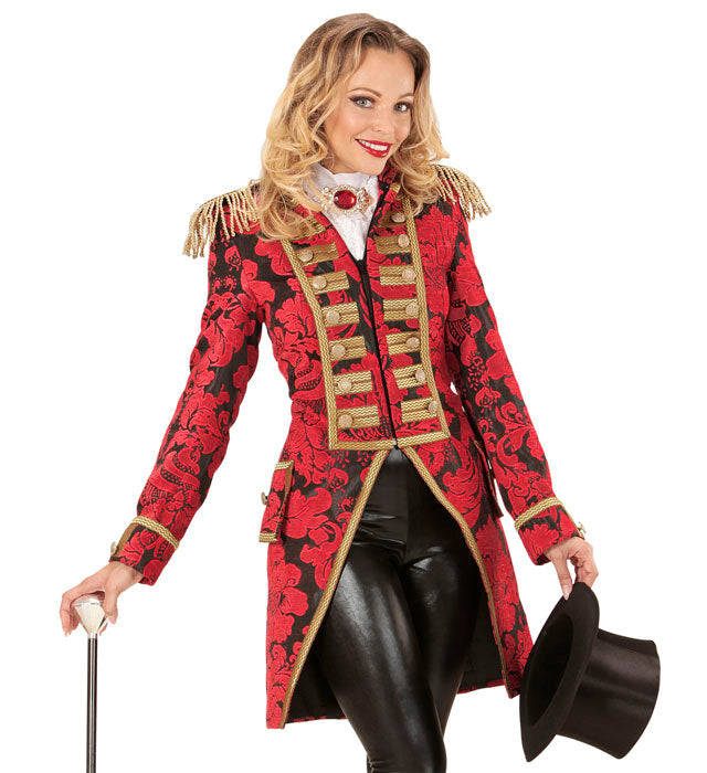 Roter Paradefrack aus Jacquard-Stoff für Damen, geeignet für Fasnacht und Karneval