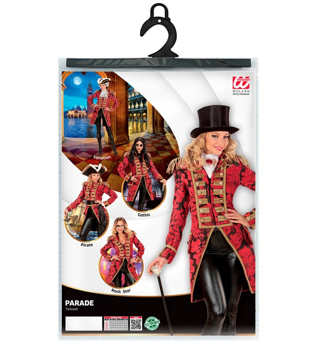 Roter Paradefrack aus Jacquard-Stoff für Damen, geeignet für Fasnacht und Karneval