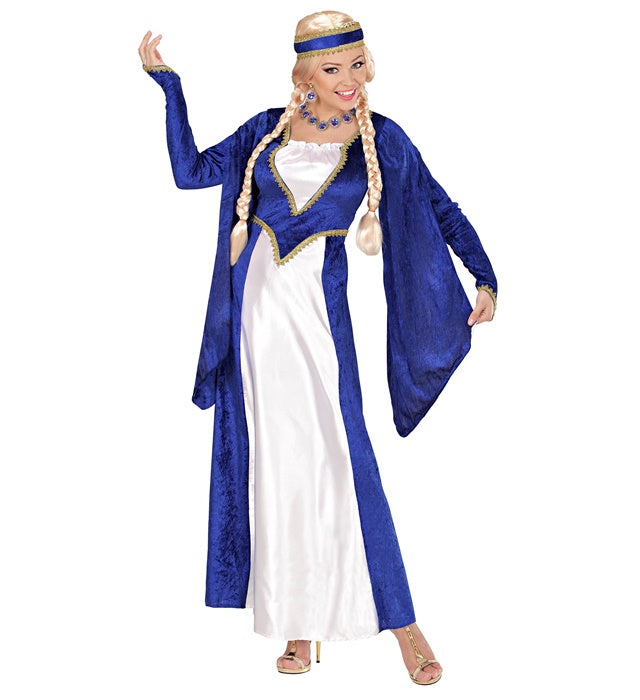 Königin der Renaissance Kostüm blaues Samtkleid mit Kopfbedeckung