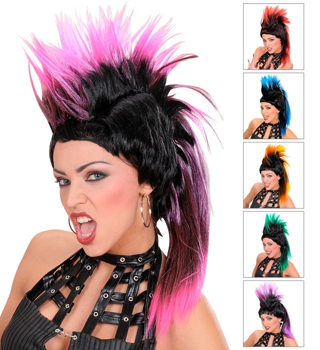 Bunte Punk-Perücke mit Pferdeschwanz in verschiedenen Farben als Fasnacht Kostümzubehör