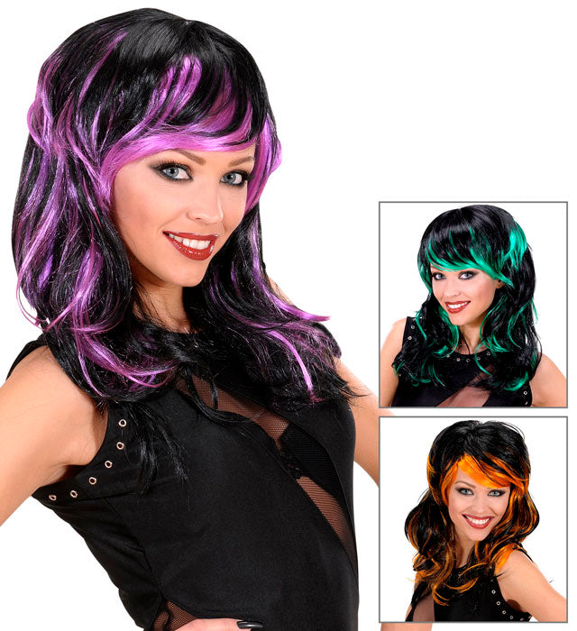 Bunte Wavy-Perücke mit lila, grünen und orangen Strähnen