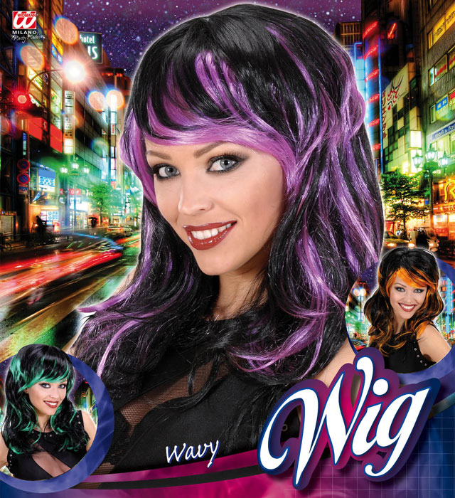 Bunte Wavy-Perücke mit lila, grünen und orangen Strähnen