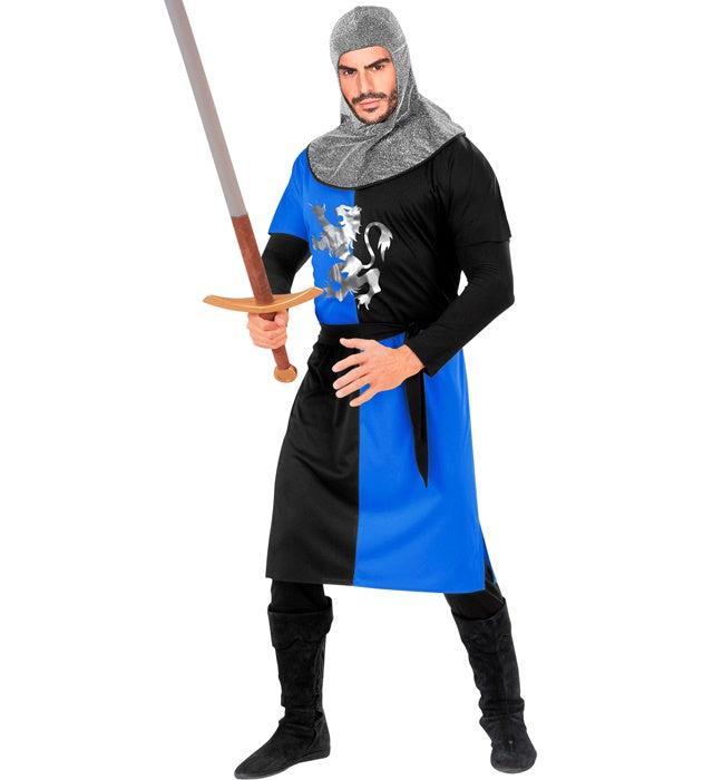 Mittelalterlicher Krieger Kostüm blau mit Mantel, Gürtel und Kapuze