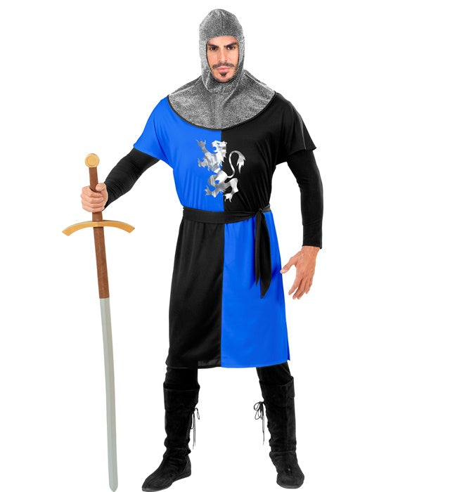 Mittelalterlicher Krieger Kostüm blau mit Mantel, Gürtel und Kapuze