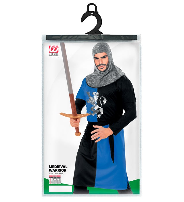 Mittelalterlicher Krieger Kostüm blau mit Mantel, Gürtel und Kapuze