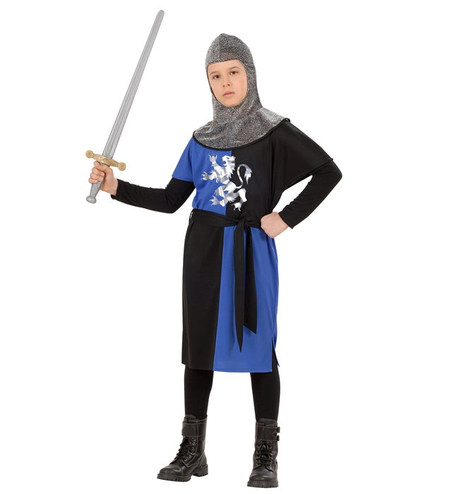 Mittelalterliches Kriegerkostüm in Blau mit Mantel, Gürtel und Kapuze