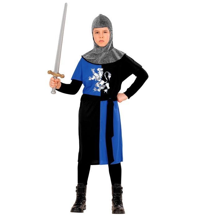 Mittelalterliches Kriegerkostüm in Blau mit Mantel, Gürtel und Kapuze