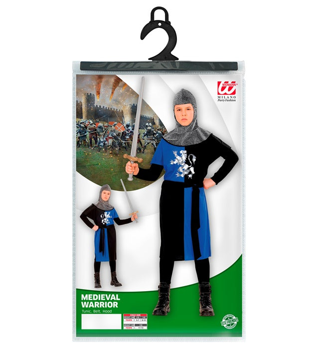 Mittelalterliches Kriegerkostüm in Blau mit Mantel, Gürtel und Kapuze