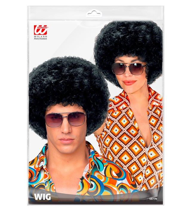 Schwarze Disco 70er Jahre Perücke mit voluminösen Locken für Fasnacht und Karneval