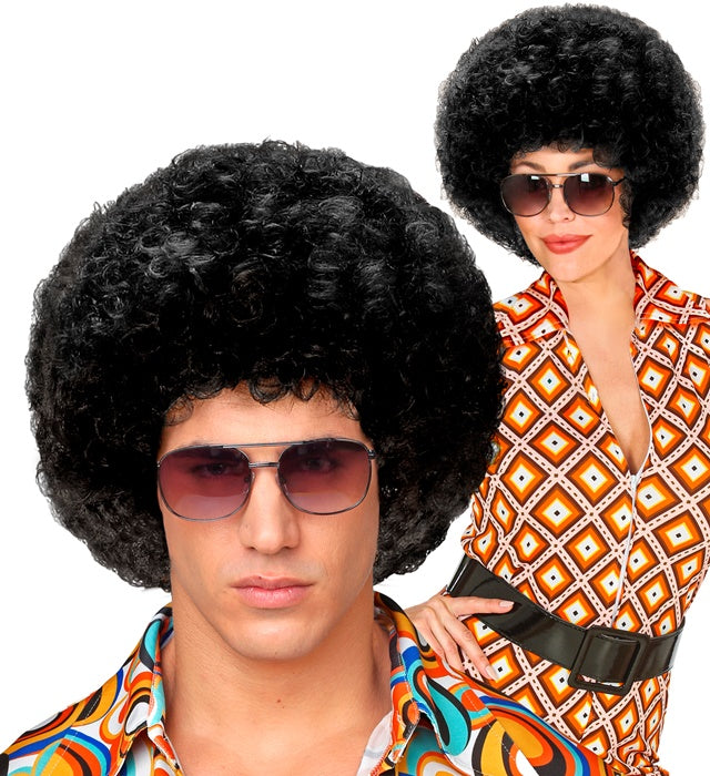 Schwarze Disco 70er Jahre Perücke mit voluminösen Locken für Fasnacht und Karneval