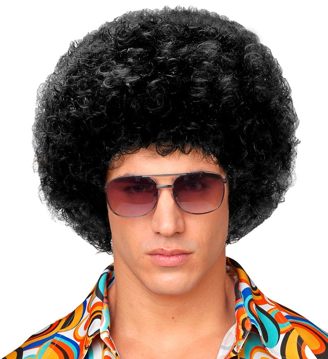 Schwarze Disco 70er Jahre Perücke mit voluminösen Locken für Fasnacht und Karneval