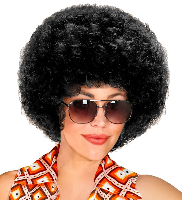 Schwarze Disco 70er Jahre Perücke mit voluminösen Locken für Fasnacht und Karneval