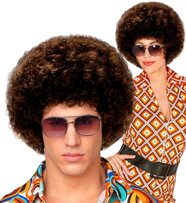 Braune 70er Jahre Disco Perücke mit lockigem Haar im Retro-Stil