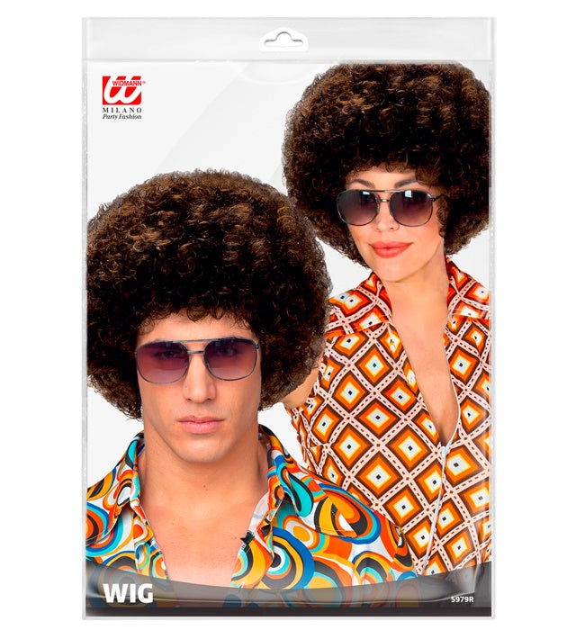 Braune 70er Jahre Disco Perücke mit lockigem Haar im Retro-Stil