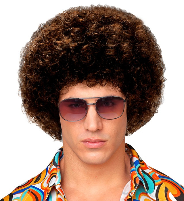 Braune 70er Jahre Disco Perücke mit lockigem Haar im Retro-Stil
