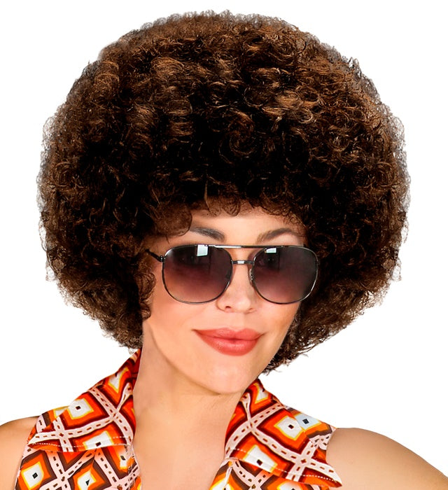 Braune 70er Jahre Disco Perücke mit lockigem Haar im Retro-Stil