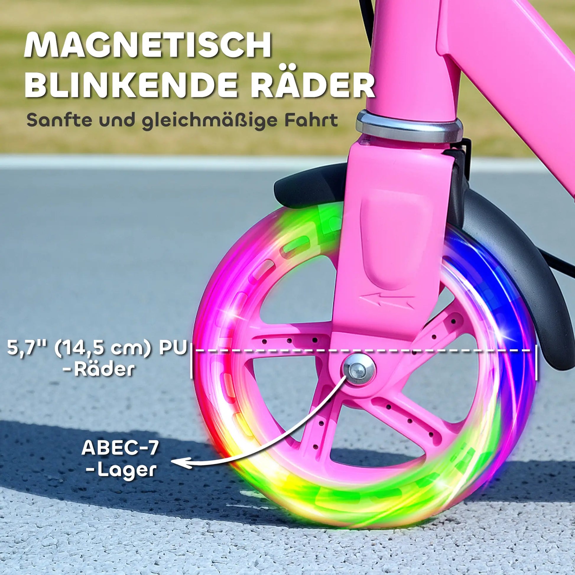 Rosa faltbarer Kinderroller mit Metallrahmen, doppelten Bremsen und höhenverstellbarem Lenker