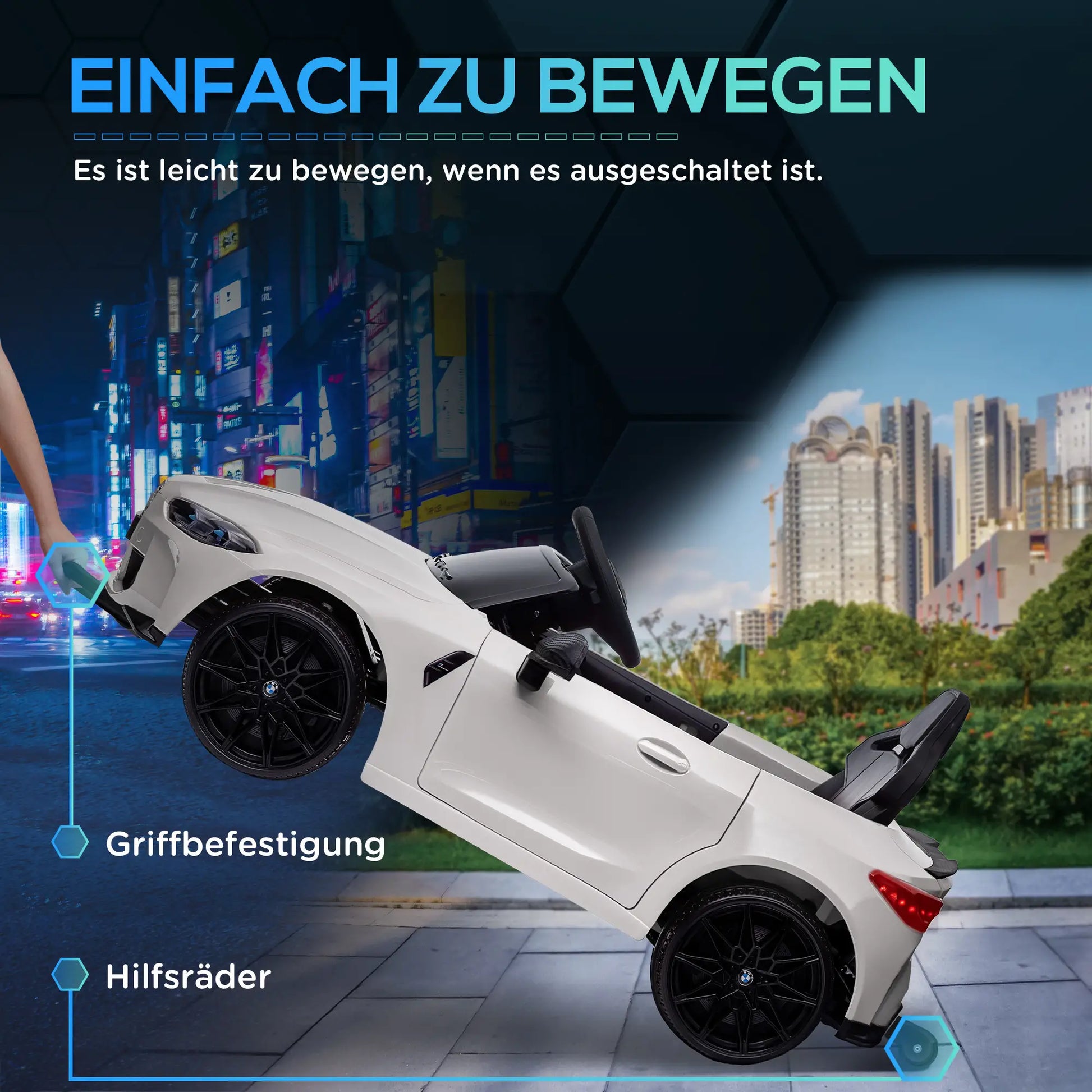 Weißes BMW M4 Elektro Kinderauto mit Fernsteuerung, LED-Lichtern und Sicherheitsgurt.