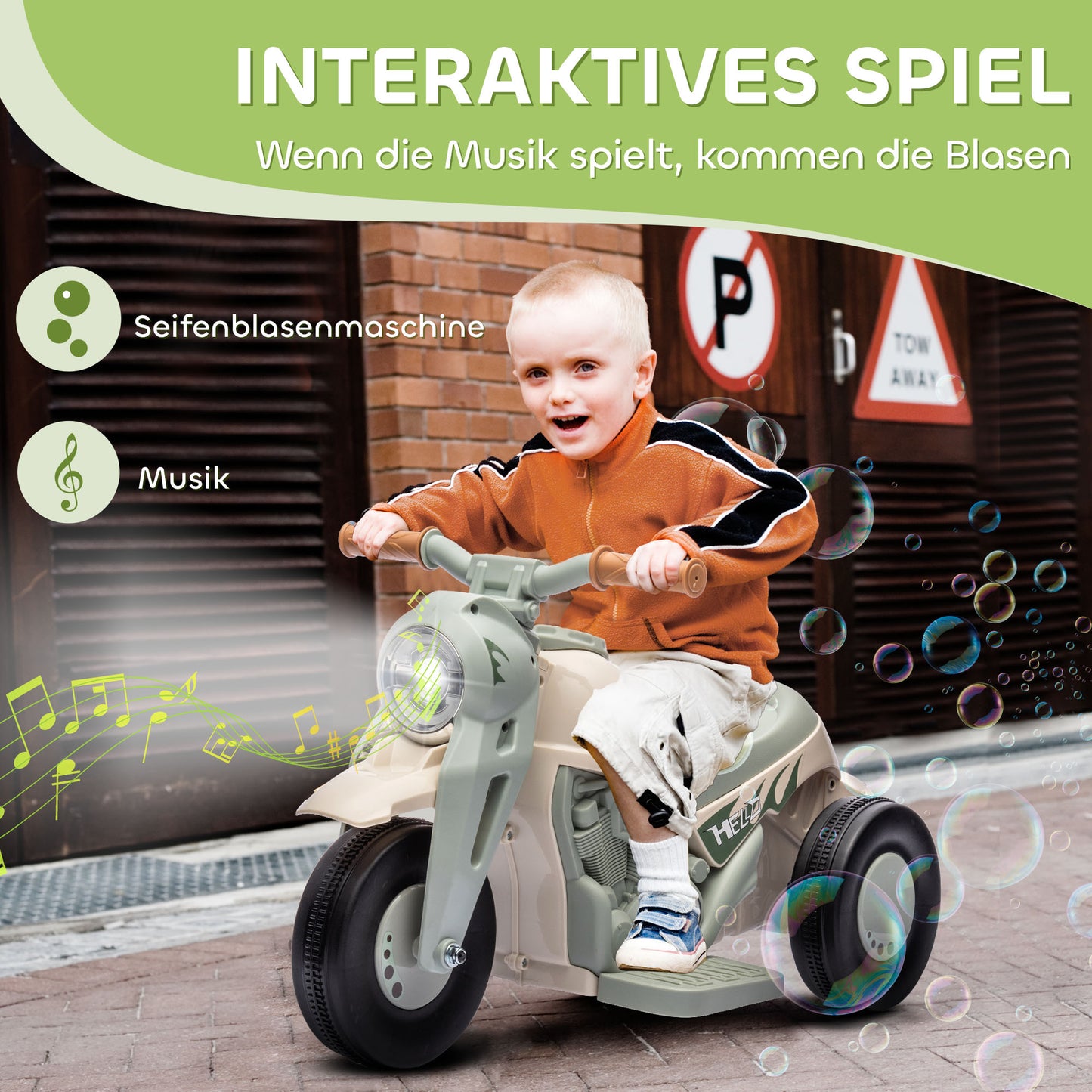 Cremeweißes Kinder Elektro-Motorrad mit drei Rädern, Musik und Seifenblasenfunktion für 2-5 Jahre.