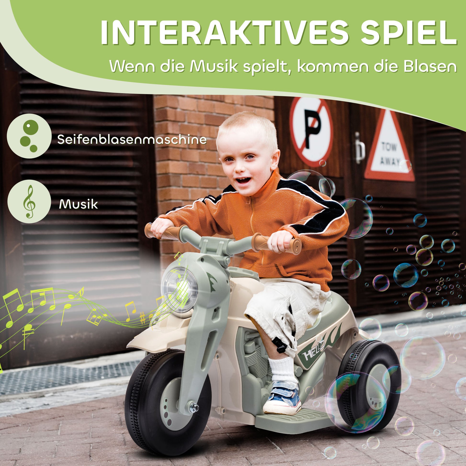 Cremeweißes Kinder Elektro-Motorrad mit drei Rädern, Musik und Seifenblasenfunktion für 2-5 Jahre.