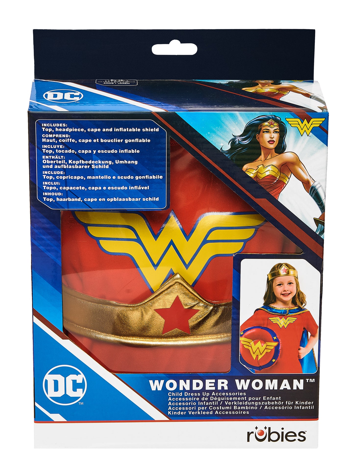 Rubies Wonder Woman Kinderkostüm Dress-Up-Geschenkset mit Umhang Tiara T-Shirt und aufblasbarem Schild – Detailansicht