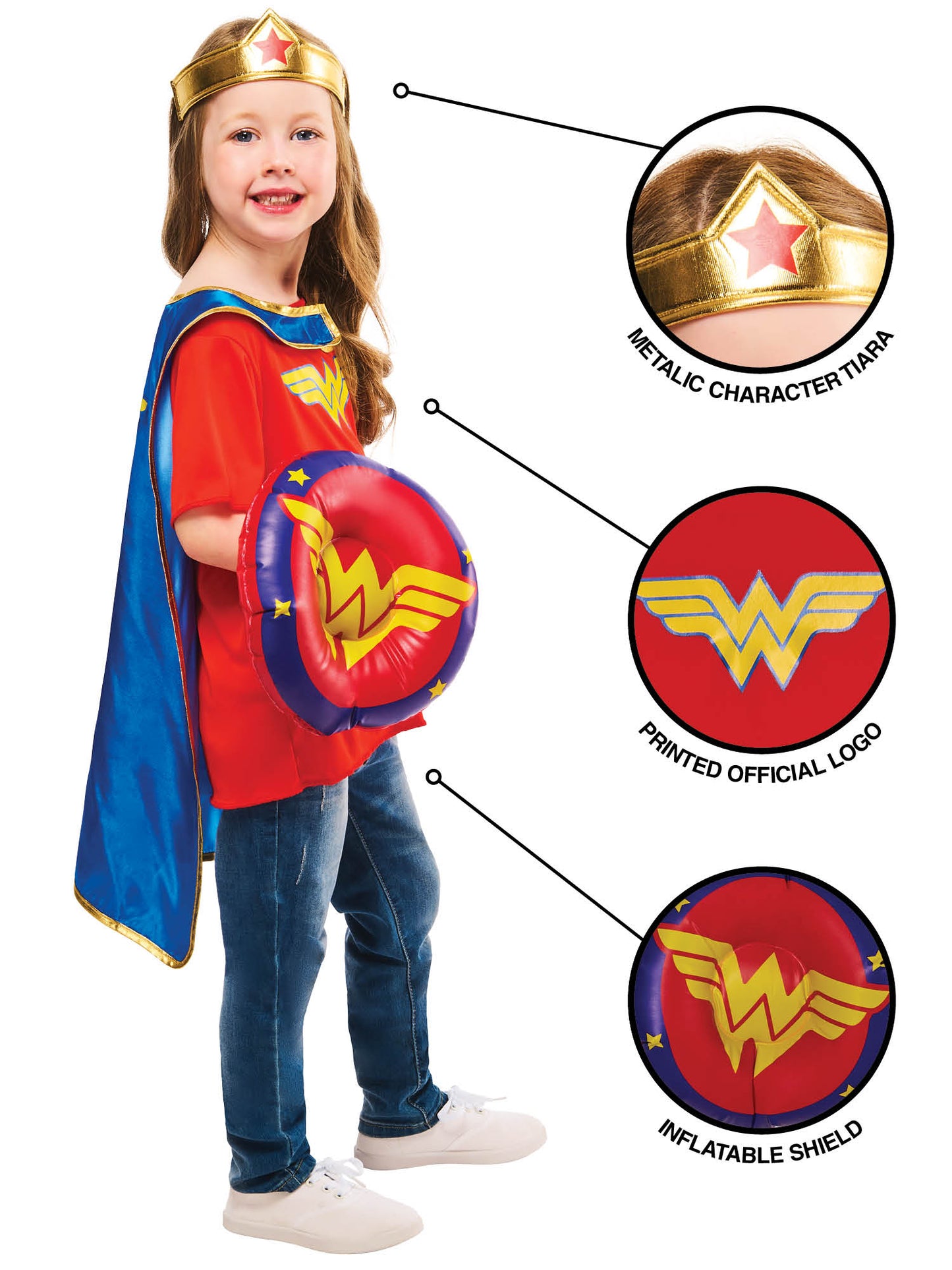 Rubies Wonder Woman Kinderkostüm Dress-Up-Geschenkset mit Umhang Tiara T-Shirt und aufblasbarem Schild – Seitenansicht