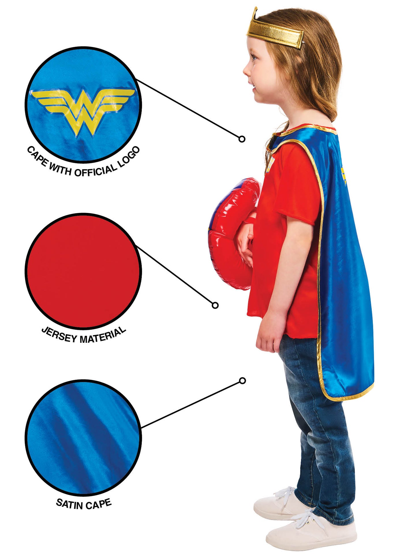 Rubies Wonder Woman Kinderkostüm Dress-Up-Geschenkset mit Umhang Tiara T-Shirt und aufblasbarem Schild – Rückansicht