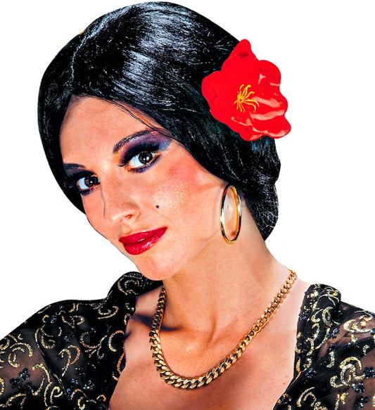Perücke Carmen mit dunklen Locken und roter Blume als Fasnachts-Accessoire
