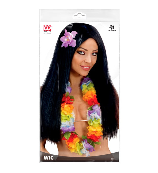 Bunte Hawaii-Perücke mit Orchidee als Fasnacht-Accessoire