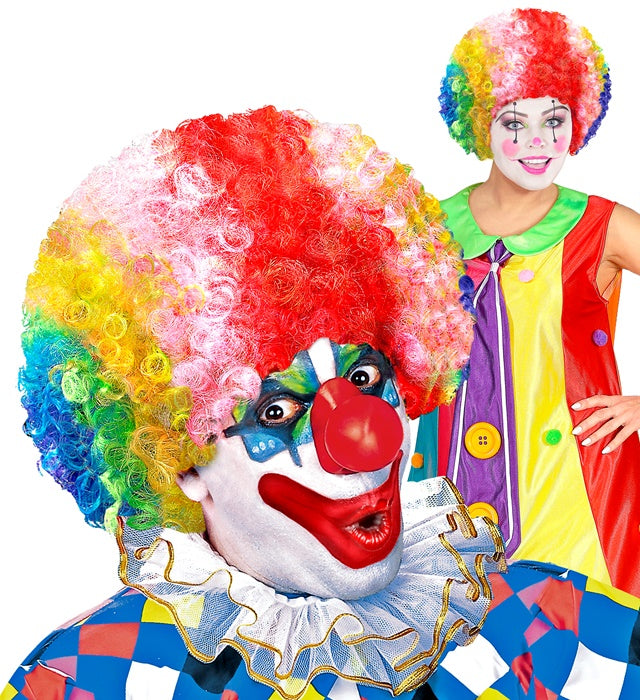 Bunte lockige Clown-Perücke mit mehrfarbigen Locken für Fasnacht und Karneval