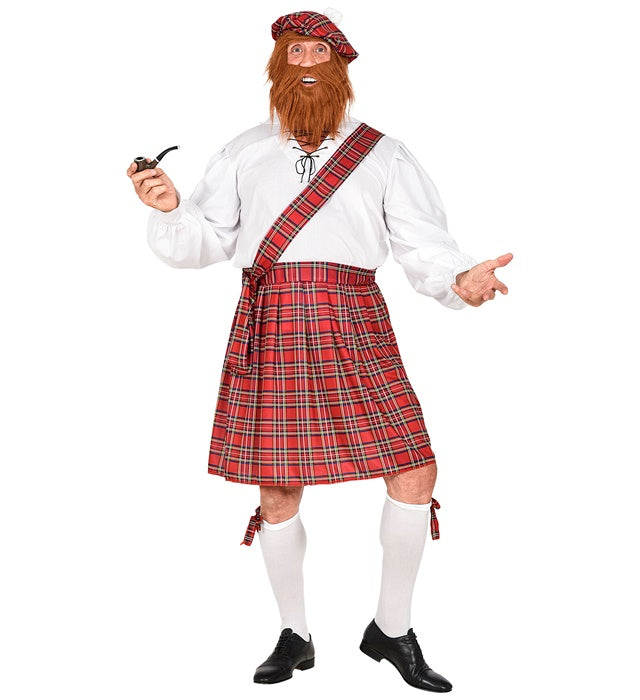 Freches Schotten-Kostüm mit kariertem Hemd, Kilt, Schärpe, kurzer Hose und Mütze mit Bart