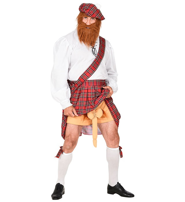 Freches Schotten-Kostüm mit kariertem Hemd, Kilt, Schärpe, kurzer Hose und Mütze mit Bart