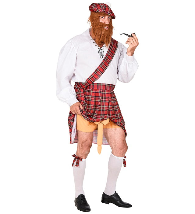 Freches Schotten-Kostüm mit kariertem Hemd, Kilt, Schärpe, kurzer Hose und Mütze mit Bart