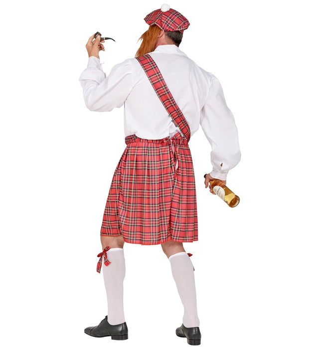 Freches Schotten-Kostüm mit kariertem Hemd, Kilt, Schärpe, kurzer Hose und Mütze mit Bart