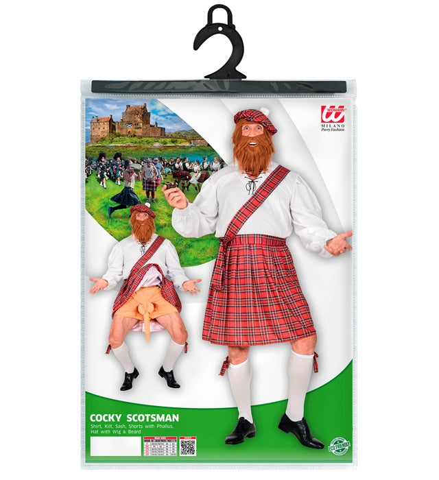 Freches Schotten-Kostüm mit kariertem Hemd, Kilt, Schärpe, kurzer Hose und Mütze mit Bart