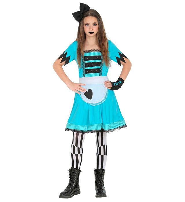 Mädchen aus dem Wunderland Kostüm mit Kleid, Leggings, Handschuhen und Haarschleife