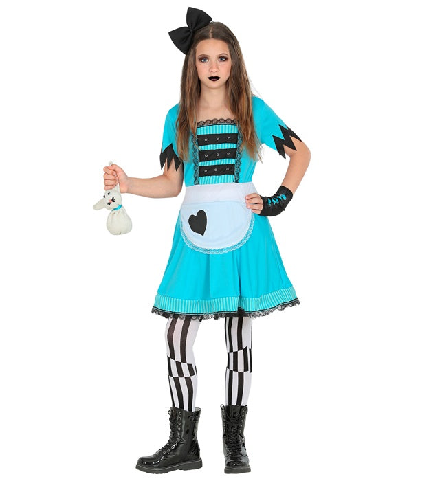Mädchen aus dem Wunderland Kostüm mit Kleid, Leggings, Handschuhen und Haarschleife